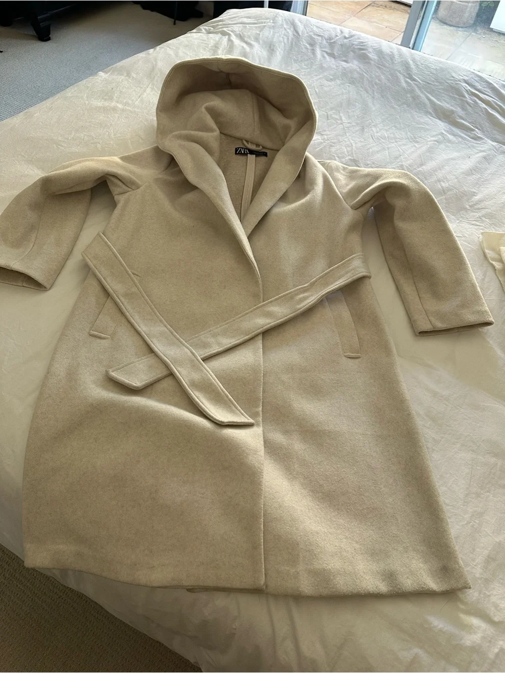 Zara Cream Hooded Wrap Coat with Self-Tie Belt, size medium - Picture 8 of 17